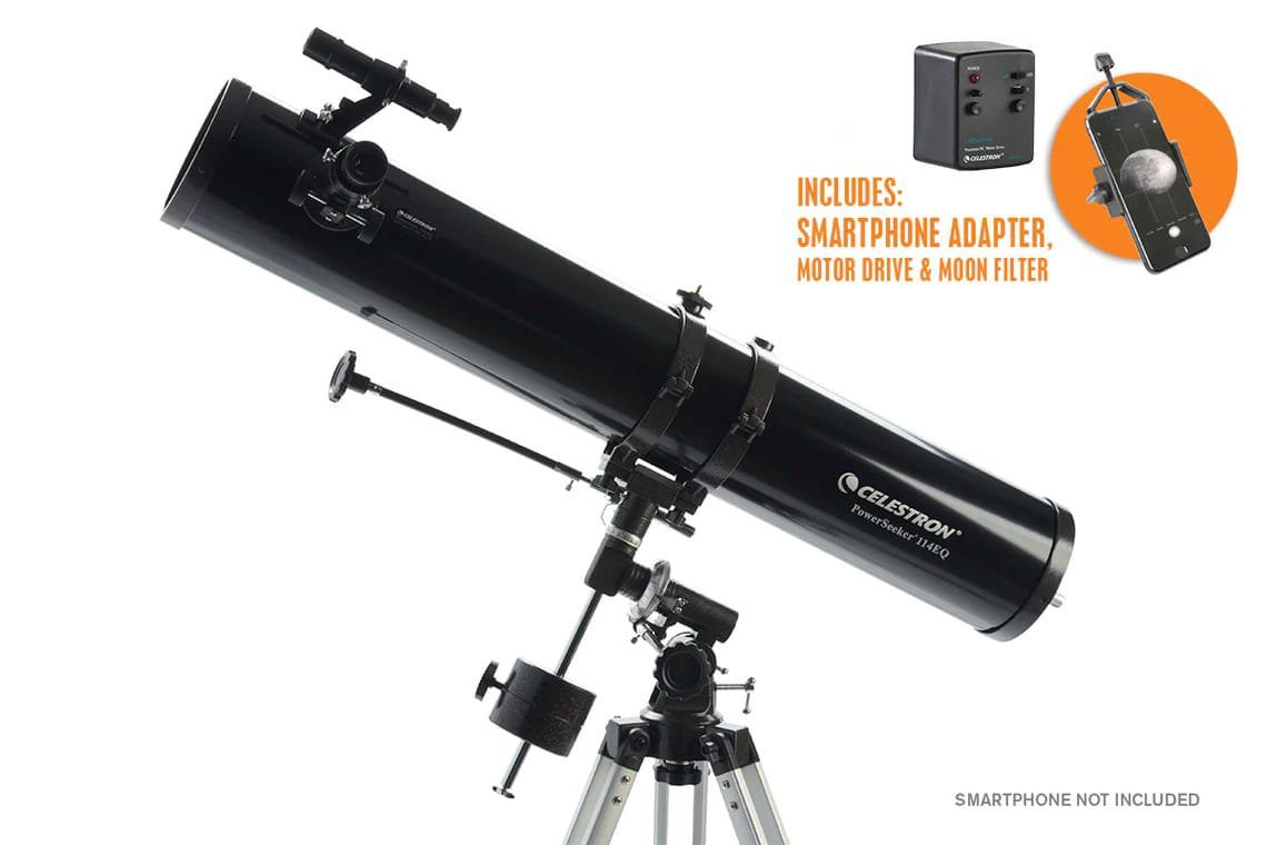 Celestron Powerseeker 114EQ Telescope with Motor Drive and Smartphone Adapter