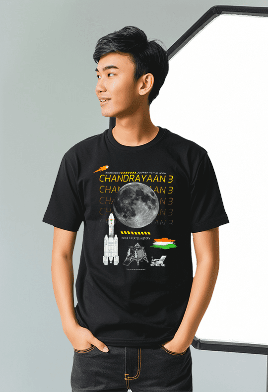 Chandrayaan-3 Round Neck Unisex Black T-shirt