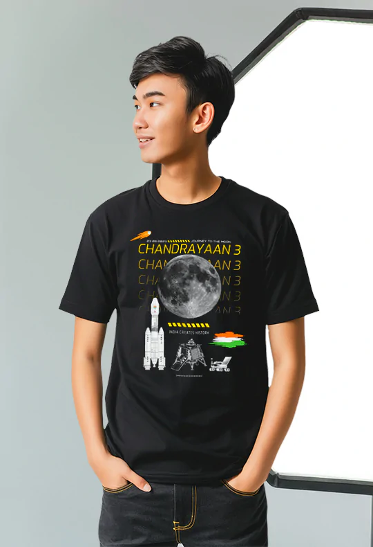Chandrayaan-3 Round Neck Unisex Black T-shirt