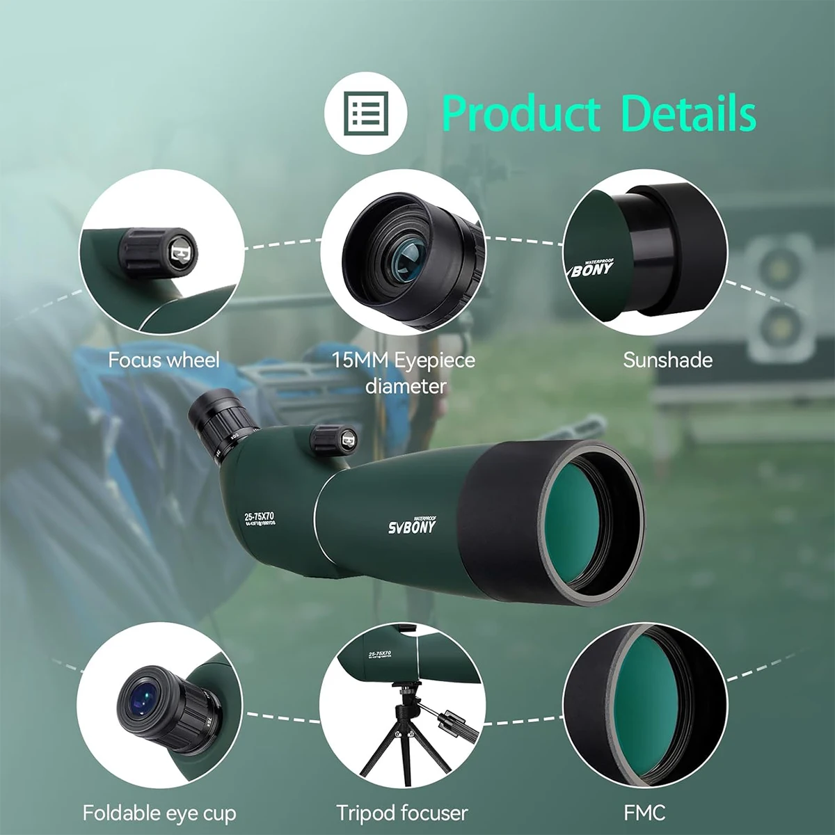 Svbony SV28 HD 25-75x70 Spotting Scope with Smartphone Adapter and Tripod - Image 7