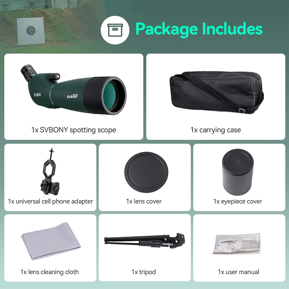 Svbony SV28 HD 25-75x70 Spotting Scope with Smartphone Adapter and Tripod - Image 8