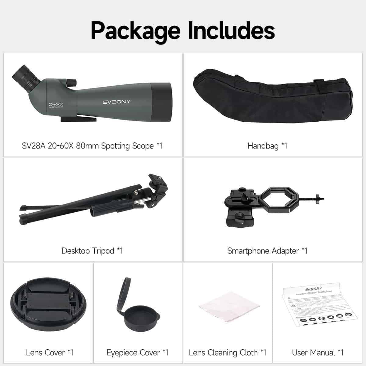 Svbony SV28A 20-60X80 Spotting Scope with Smartphone Adapter and Tripod - Image 4