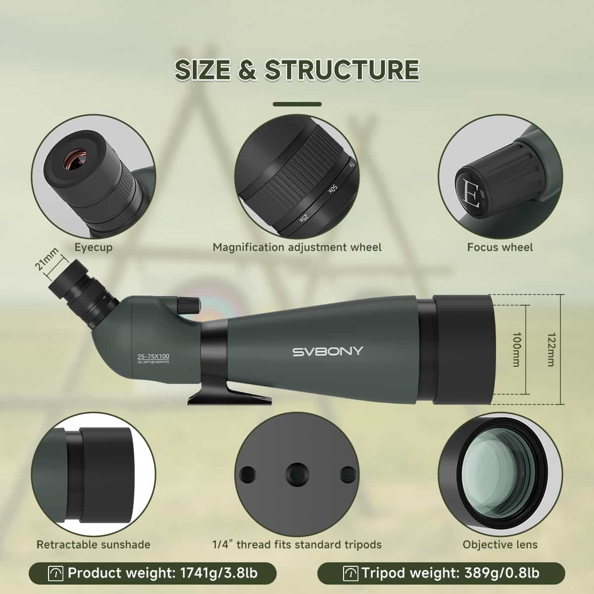 Svbony SV28A 25-75X100 Spotting Scope with Smartphone Adapter and Tripod - Image 5