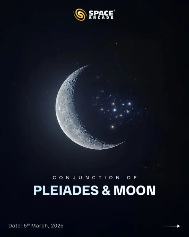 On March 5th, 2025, witness a breathtaking celestial event as the crescent Moon aligns closely with the Pleiades star cluster in the Taurus constellation! 🔭🌠

📍 What makes it special?
🌟 A stunning cosmic pairing, perfect for astrophotography!
🌑 In some regions, the Moon may occult (partially block) some stars of the Pleiades.

🔭 How to watch?
📅 Date: March 5th, 2025
🕖 Time: After sunset – 11 PM
📍 Direction: West
🌌 Equipment: Binoculars or a telescope for the best view!

Don't miss this mesmerizing cosmic dance! ✨💫

#MoonAndPleiades #CelestialConjunction #NightSkyBeauty #TelescopeViews #AstronomyLovers #StargazingNights #ExploreTheUniverse #SpaceArcade