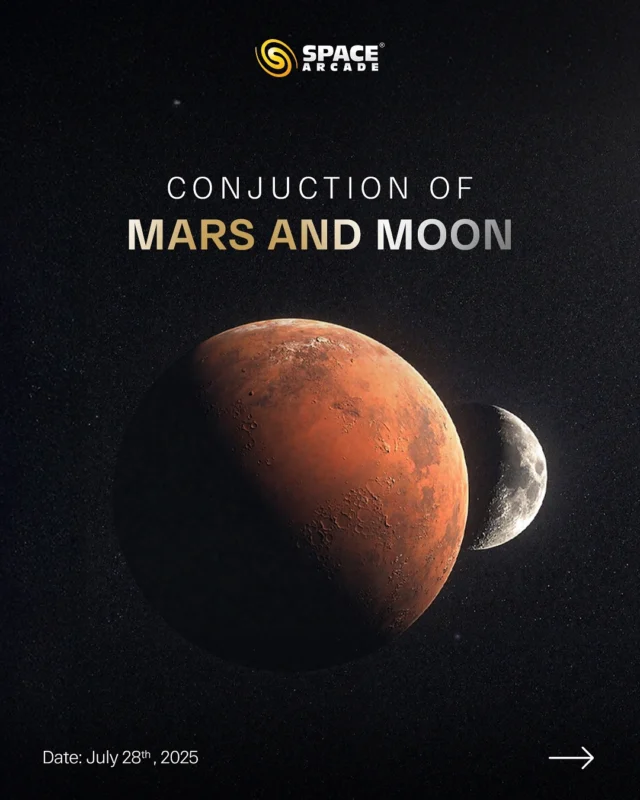 🌕🔴 Mars & Moon Conjunction  A Celestial Encounter!
On 28th July 2025, look westward after sunset to witness Mars and the Moon in a stunning cosmic alignment under the Virgo constellation. ✨
📍Best viewed until 9:00 PM  don’t forget your telescope for a closer look!

#MoonAndMars #CelestialConjunction #Stargazing #SpaceArcade #AstronomyEvent #VirgoSky #MarsInFocus #NightSkyWonder #ISRO #NASA #SpaceIndia