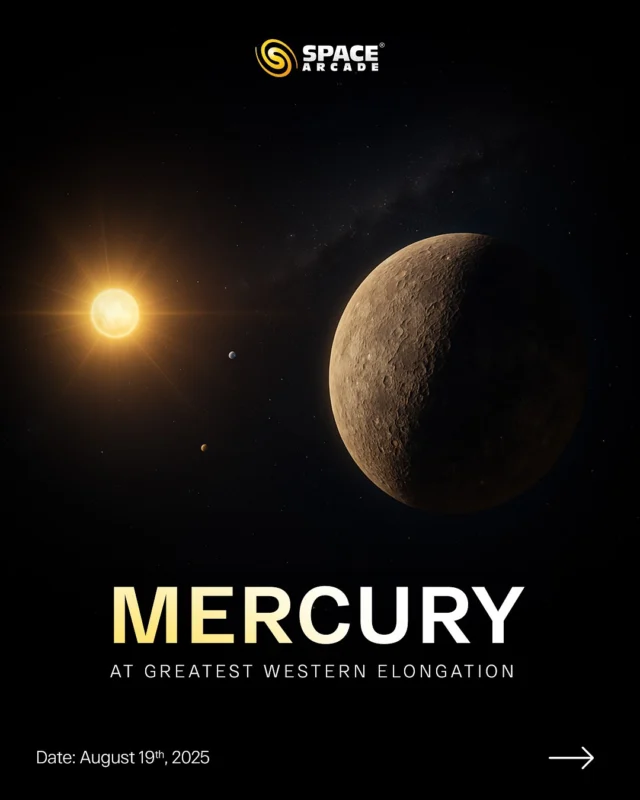 Catch Mercury at its brightest! ✨
 On 19th August 2025, the planet reaches its Greatest Western Elongation, making it the perfect time to spot this elusive world in the predawn eastern sky. 🔭🌌

Set your alarms and witness Mercury shine before sunrise!

#Mercury #GreatestElongation #Stargazing #SpaceArcade #CelestialEvents #AstronomyLovers