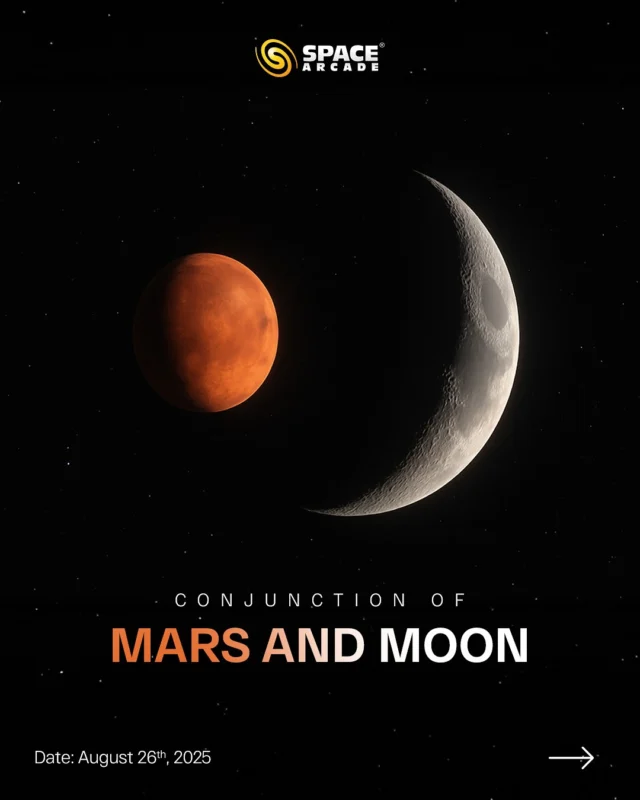 Witness the cosmic dance 🌙✨

On 26th August 2025, the Moon and Mars come together in a rare conjunction. Look west after sunset to catch this celestial spectacle, best viewed with a telescope! 🔭 

#MarsAndMoon #CelestialEvent #SpaceArcade #CosmicWonder #AstronomyLovers