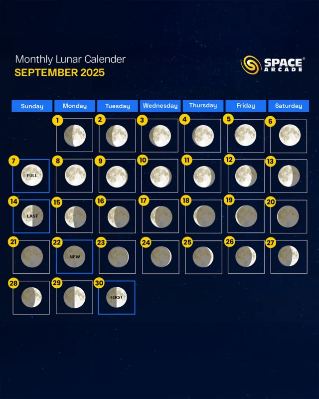 September 2025 is packed with celestial beauty! 🌌
The Full Moon rises on the 7th, casting its brightest glow of the month. The Last Quarter falls on the 14th, perfect for reflection and release. A fresh cycle begins with the New Moon on the 22nd, inviting new intentions. The month closes with the First Quarter on the 30th, a phase of growth and action. 

#SpaceArcade #LunarCalendar #September2025 #MoonPhases #FullMoonMagic #NewMoonEnergy #StargazingNights #CelestialEvents