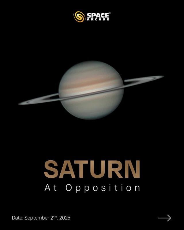 On 21st September 2025, Saturn will be in opposition, perfectly aligned with Earth and the Sun. This is the best time of the year to observe its iconic rings and dazzling beauty. 🌌

📍 Visible all night long, rising in the East and setting in the West.
Don’t miss this cosmic showcase of the jewel of our solar system. 

#Saturn #Opposition #Astronomy #Stargazing #SpaceArcade #CelestialEvent