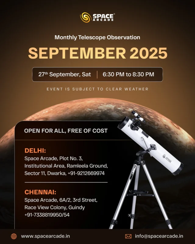 Eyes on the skies this September! 🔭

Join us for a FREE telescope observation night on 27th Sept, 6:30–8:30 PM in Delhi & Chennai.
Let’s explore the cosmos together, one star at a time! 💫

#SpaceArcadeIndia #TelescopeNight #Stargazing2025 #CelestialEvents #AstronomyIndia #ExploreTheUniverse #SkyWatchers #Stargazing #explore