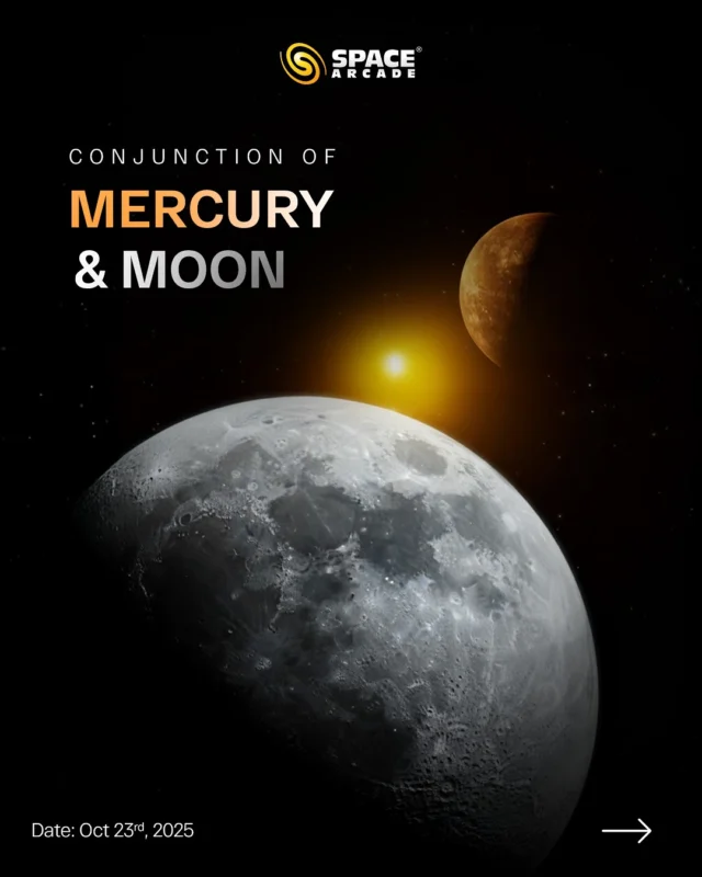 Conjunction of Mercury and the Moon! 🌙✨
On 23rd October 2025, watch as the tiny planet Mercury aligns closely with the slender crescent Moon in the western sky, just after sunset.
A fleeting yet fascinating sight perfect for those who love cosmic challenges. 🔭💫

#SpaceArcade #MoonAndMercury #CelestialEvent #AstronomyLovers #SkyWatch #Conjunction #Stargazing #CosmicWonder