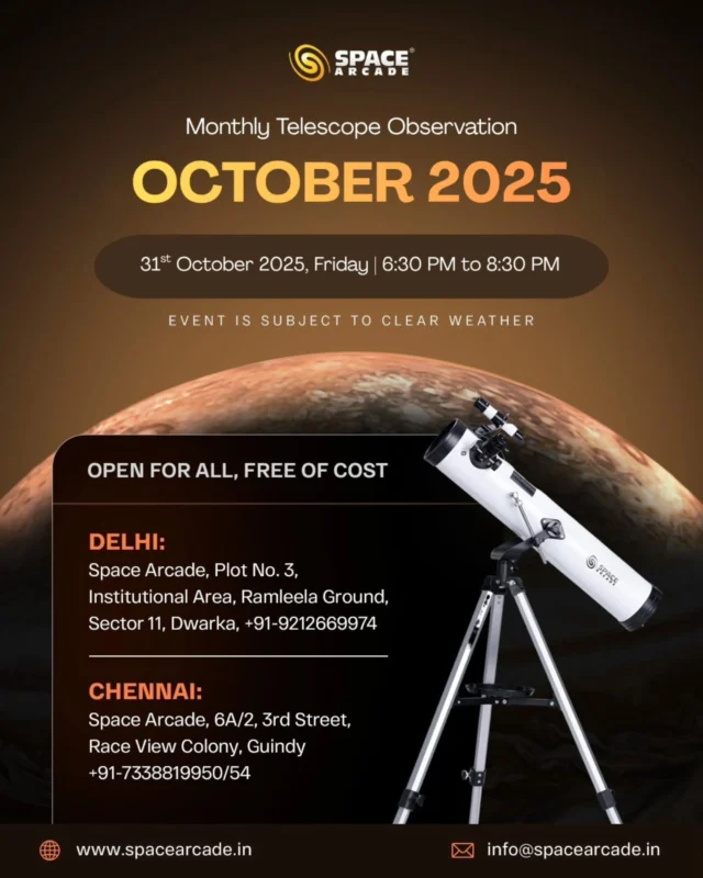 Ever wanted to see the Moon and planets up close? Now's your chance! 🌕🪐 Join our monthly public telescope watch on 31st of October, Friday from 6:30 PM - 8:30 PM. We can't wait to share the cosmos with you!
#CommunityAstronomy #SeeTheStars #EveningEvent #spacearcade