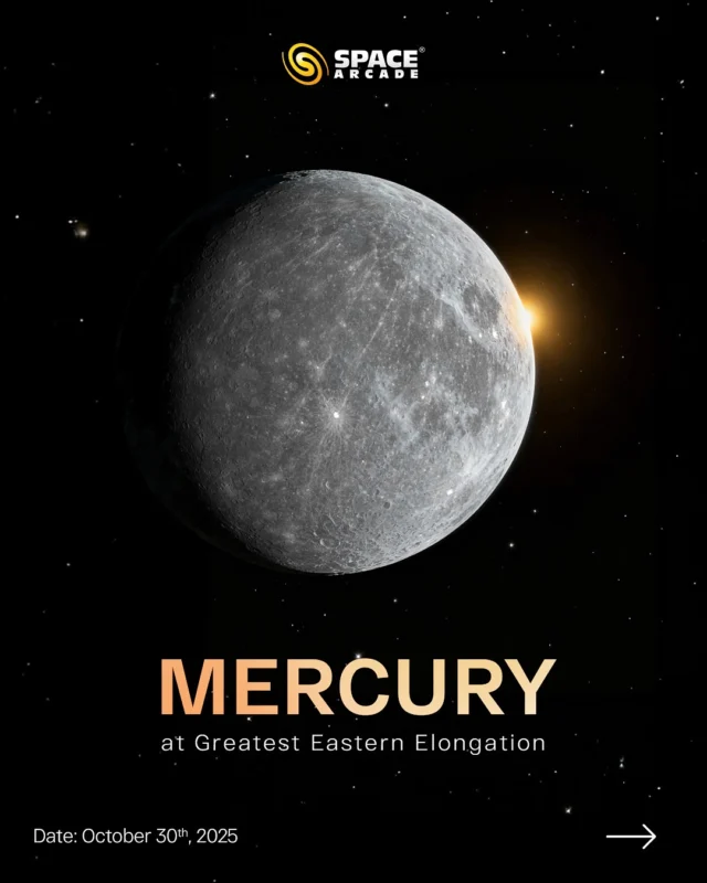 Catch the smallest planet shining at its best! 🌠
On 30th October 2025, Mercury reaches its Greatest Eastern Elongation, glowing bright in the evening sky before it fades into twilight. A perfect moment to spot this elusive world through your telescope! 🔭✨
#SpaceArcade #MercuryElongation #AstronomyLovers #EveningSky #CelestialEvent #Stargazing #ExploreTheUniverse #SpaceObservation