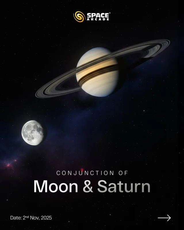 When the Moon meets the Ringed Beauty! 🌙🪐

On November 2, 2025, witness a stunning celestial alignment  the Moon and Saturn Conjunction.
Look toward the South-East sky after sunset and watch these two cosmic wonders appear side by side! 🔭

Don’t forget to save this post — the universe has a date with you! 

#AstronomyLovers #SpaceArcade #MoonAndSaturn #CelestialEvent #Stargazing #CosmicWonder #NightSky #ISRO #NASA #SpaceIndia