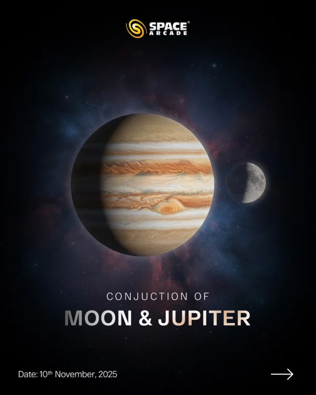 When the Moon meets the Giant!
On November 10th, 2025, look up to witness a breathtaking conjunction of the Moon and Jupiter two of the brightest objects in our night sky, sharing the same celestial stage. 

🔭 Spot them easily:
Just before midnight, find the bright Moon and look nearby for the second-brightest point that’s Jupiter!
Use binoculars to glimpse its four largest moons or a telescope to catch the planet’s majestic cloud bands and maybe even the Great Red Spot.

#MoonJupiterConjunction #SpaceArcade #Stargazing #AstronomyLovers #SpaceEvents #CelestialWonder