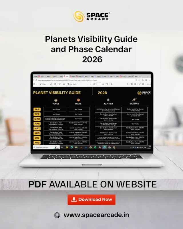 Plan your stargazing like a pro in 2026 🌌🔭

The Planet Visibility Guide & Planet Phase Calendar is here to help you track when your favorite planets shine brightest and their phases under perfect sky conditions.

✨ Know which planets are visible
🌙 Planets phases for better observations
📅 Never miss an important sky event again

📥 Download the full PDF now from our website
www.spacearcade.in

#SpaceArcade #CelestialCalendar2026 #AstronomyLovers #StargazingIndia #NightSkyGuide SkyWatchers CosmicEvents SpaceIndia