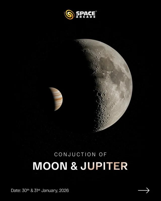 🌙✨ Moon Meets Jupiter!

On 30th & 31st January, witness a stunning celestial pairing as the Moon makes a close approach to Jupiter  the king of planets 🔭

🕡 Start watching: Just after sunset (~6:30 PM IST)
🌟 Best time: 7:00 PM – 10:30 PM IST

#Moon #Jupiter #SpaceArcade #stars #AstronomyLover