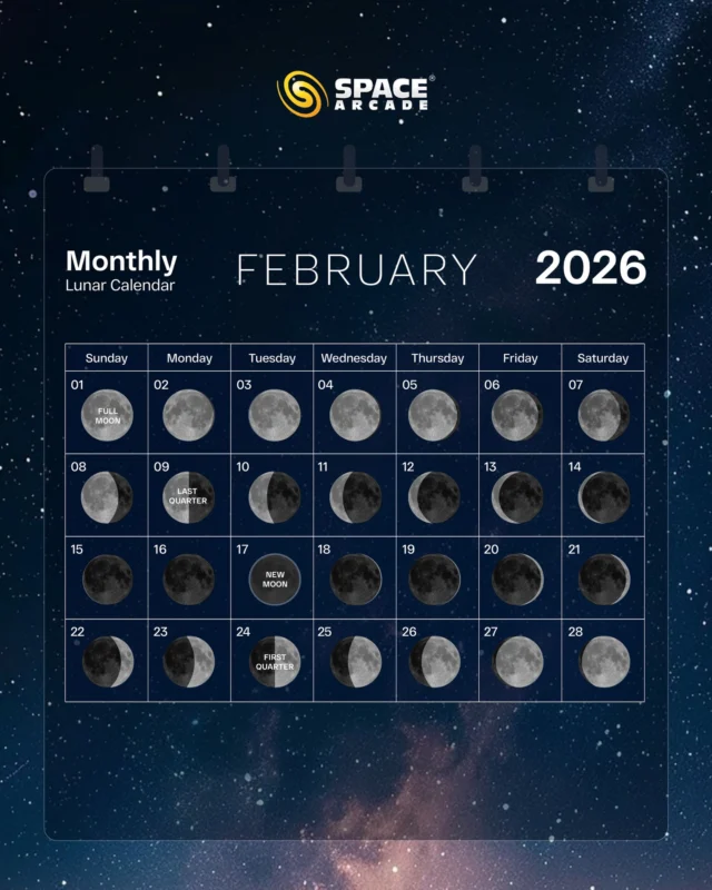 February skies are serving every phase 🌙✨

Here’s your February 2026 Moon Calendar  plan your nights under the stars with perfect timing!

🌕 Full Moon – 1 Feb
🌗 Last Quarter – 9 Feb
🌑 New Moon – 17 Feb (best for deep-sky stargazing)
🌓 First Quarter – 24 Feb

Whether you’re into astrophotography, telescope observing, or just moon-gazing from your terrace — this is your monthly sky guide 🌌🔭

#SpaceArcade #Moon #Satrs #planets #Observation2026