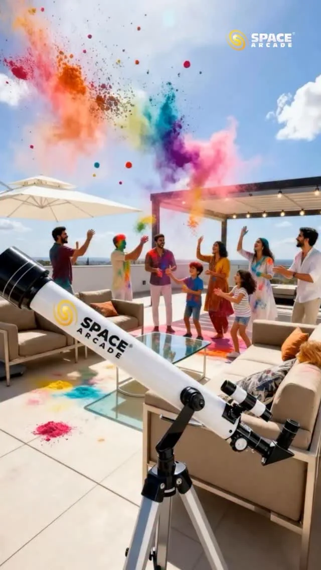 From colours in the air to colours in the cosmos. 🎨🌌

A terrace filled with laughter by day…
A sky filled with galaxies by night.

As the celebrations fade, the universe takes over —
real sky to deep sky, nebulae to distant galaxies —
with the telescope standing still, waiting to show more. 🔭✨

Colours by Day, Cosmos by Night.
Happy Holi from Space Arcade. 🌈🌙

#HappyHoli #ColoursByDayCosmosByNight #SpaceArcade #Holi2026 #Astronomy LookUp FromEarthToSky