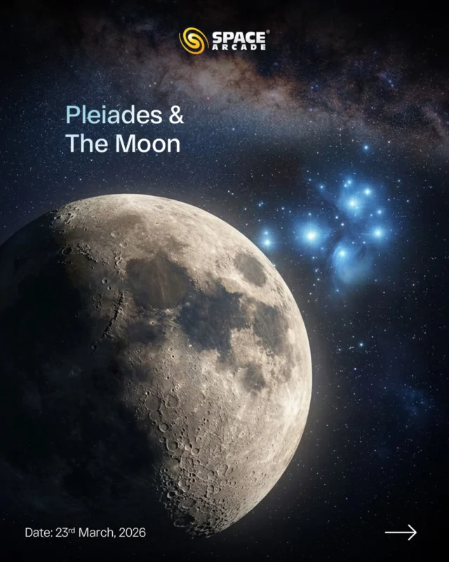 A magical meeting of the Moon and the Seven Sisters ✨🌙

On 23rd March, watch the Moon pass close to the Pleiades, one of the most beautiful star clusters in the night sky.
A tiny sparkling group of stars beside the glowing Moon  simple, subtle, and absolutely mesmerizing. 🌌

Look towards the western sky after sunset and witness this elegant celestial pairing.
Better with binoculars. Magical with your eyes. 🔭✨

#MoonPleiades #SevenSisters #StarCluster #NightSky #AstronomyEvents StargazingIndia SpaceArcade