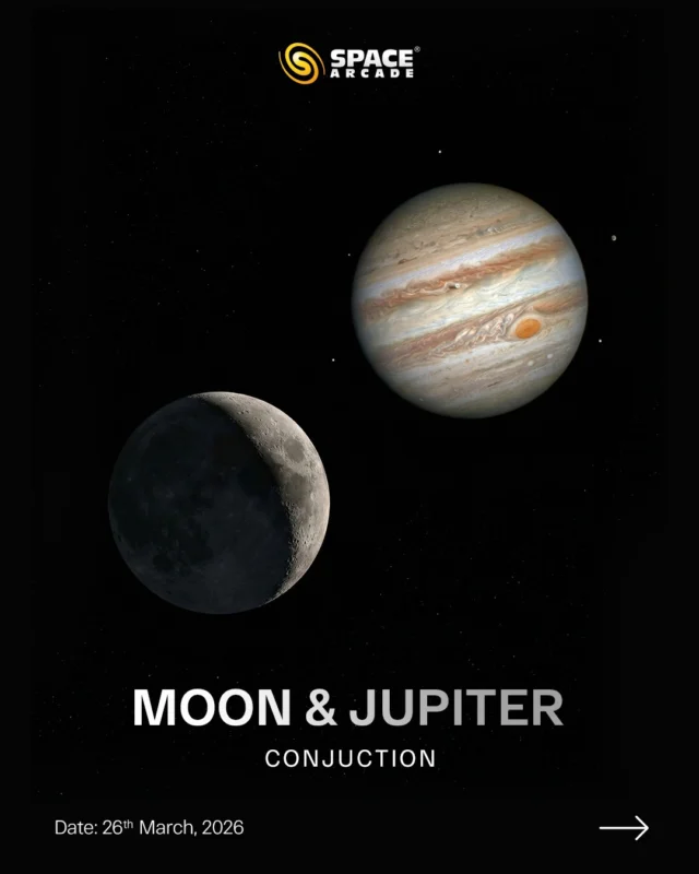 The sky has a special pairing waiting for you 🌙✨

On 26th March, the Moon meets Jupiter the brightest planet in the night sky creating a stunning celestial moment you won’t want to miss.

Look up in the evening and spot the glowing Moon with a brilliant companion right beside it. Simple to see, unforgettable to experience. 🔭
📍 Best viewed from open skies away from city lights
📌 Don’t forget to save & share with your stargazing buddy

#MoonJupiter #Conjunction #AstronomyEvents #StargazingIndia #NightSkyLovers SkyWatchers SpaceArcade