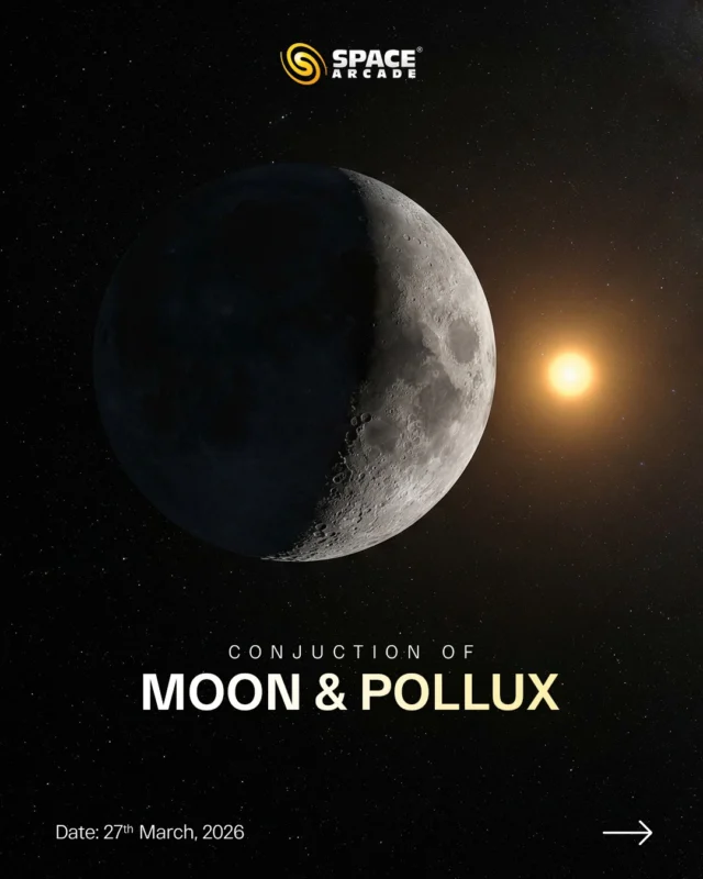 A gentle meeting of light in the night sky 🌙⭐

On 27th March, the Moon comes close to Pollux, the brightest star in Gemini  creating a peaceful and beautiful celestial pairing.

Just look towards the eastern sky after sunset, and you’ll spot the glowing Moon with its bright companion nearby.

Simple. Serene. Stunning. ✨🔭

#MoonPollux #Gemini #NightSky #AstronomyEvents #StargazingIndia SpaceArcade
