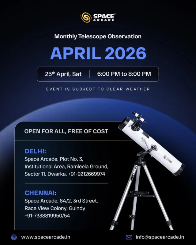 The sky is calling… and this time, it’s for everyone 🌌🔭

Join us this 25th April for a Monthly Telescope Observation and experience the universe like never before — up close, real, and unforgettable.

✨ Open for all | Free of cost
📍 Delhi & Chennai
🕒 6:00 PM – 8:00 PM

From the Moon to distant wonders, it’s not just stargazing — it’s an experience.

Bring your curiosity. We’ll handle the cosmos.

#SpaceArcade #TelescopeObservation #monthlyobservation