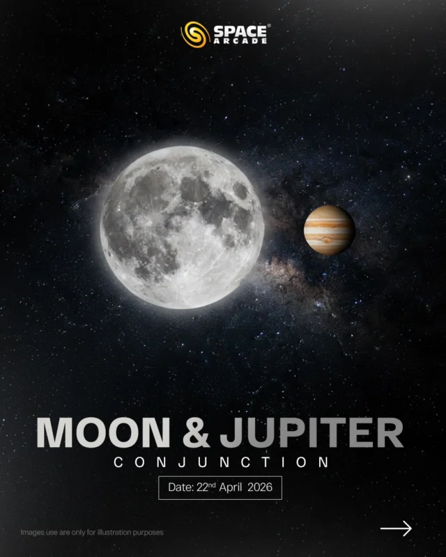 Two of the brightest objects in the sky, one beautiful moment 🌙✨

On 22nd April, watch the Moon meet Jupiter in a stunning celestial pairing. Easy to spot and impossible to miss, this is one of those nights where the sky does all the work for you.

Just step outside after sunset, look towards the western sky, and enjoy the view. 🔭
📌 Save this date
🌌 Tag your stargazing partner

#MoonJupiter #Conjunction #AprilSky #StargazingIndia #NightSky AstronomyEvents SpaceArcade LookUp SkyWatch