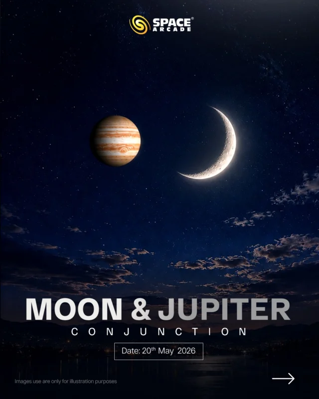 Two celestial giants. One beautiful night sky moment 🌙✨

On 20th May 2026, watch the Moon appear close to Jupiter the largest planet in our solar system creating a bright and stunning conjunction after sunset.

Look towards the western sky and witness this beautiful cosmic pairing with your own eyes. 🔭
🌌 Best viewed during evening hours
👀 Visible with naked eyes
🔎 Binoculars can reveal Jupiter more clearly

#MoonJupiterConjunction #Jupiter #Moon #NightSky #Astronomy Stargazing SkyWatching SpaceArcade CosmicBeauty LookUp