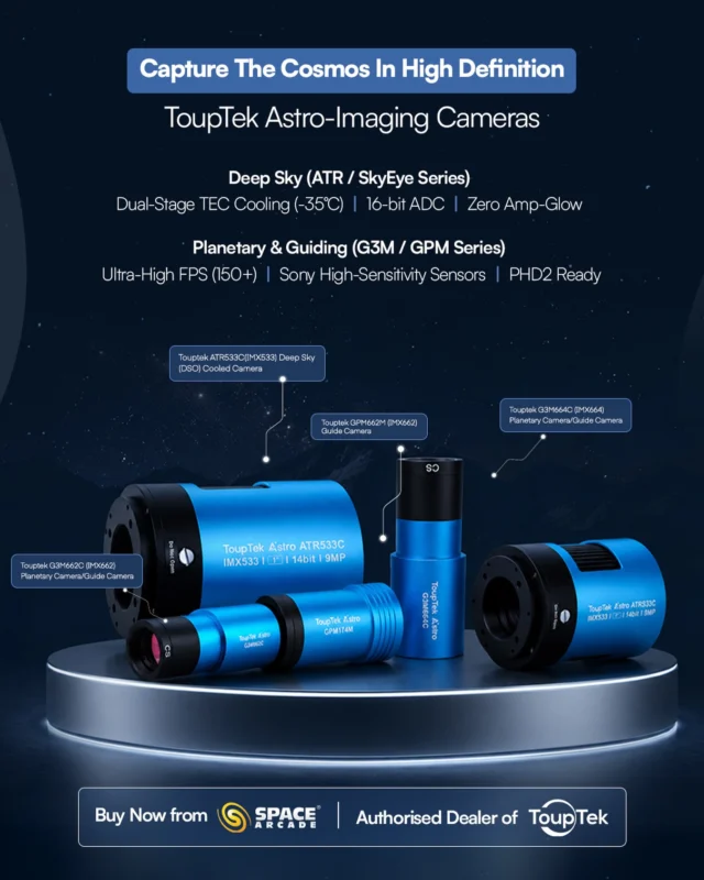 Capture the colours of the cosmos and the beauty of deep space with precision. 🔭✨
Introducing ToupTek Astro-Imaging Cameras built for astrophotographers who want every detail of the cosmos in stunning clarity.

From planetary, lunar, solar and deep sky imaging, elevate your Astrophotography experience with professional-grade CMOS cameras.

Available now at Space Arcade - Authorised Dealers of ToupTek Astro for India 🌌

#SpaceArcade #ToupTek #AstroPhotography #DeepSkyImaging #PlanetaryImaging Astronomy Telescope AstroCamera NightSky SpaceLovers AstrophotographyIndia