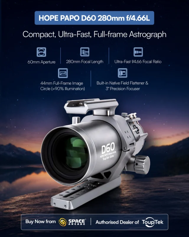 Small in size. Massive in vision. 🔭✨
Meet the ToupTek Astro HOPE PAPO D60 280mm f/4.66L  built for ultra-fast, full-frame astrophotography with precision that captures the universe like never before. 🌌

✔️ 60mm Aperture
✔️ 280mm Focal Length
✔️ Ultra-Fast f/4.66
✔️ Full-Frame Imaging
✔️ Built-in Precision Focuser

Now available at Space Arcade  Authorised Dealer of ToupTek Astro. 🚀

#Astrophotography #ToupTekAstro #SpaceArcade #Telescope #Astronomy DeepSkyImaging AstroGear Stargazing SpaceLovers AstronomyEquipment AstroPhotographySetup SpaceIndia