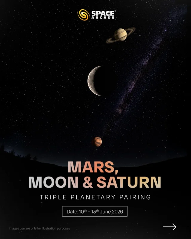 Three celestial objects. One beautiful cosmic alignment. 🔴🌙🪐

From 10th to 13th June 2026, watch Mars, the Moon, and Saturn appear together in the night sky, creating a rare and stunning planetary pairing.

Look towards the southeastern sky early morning and witness this beautiful celestial trio shining together above you. 🔭✨

📍 Best viewed early morning around 4 am
👀 Easily visible with naked eyes

#Mars #Saturn #Moon #TripleConjunction #PlanetaryPairing NightSky Astronomy Stargazing SpaceArcade CelestialEvent