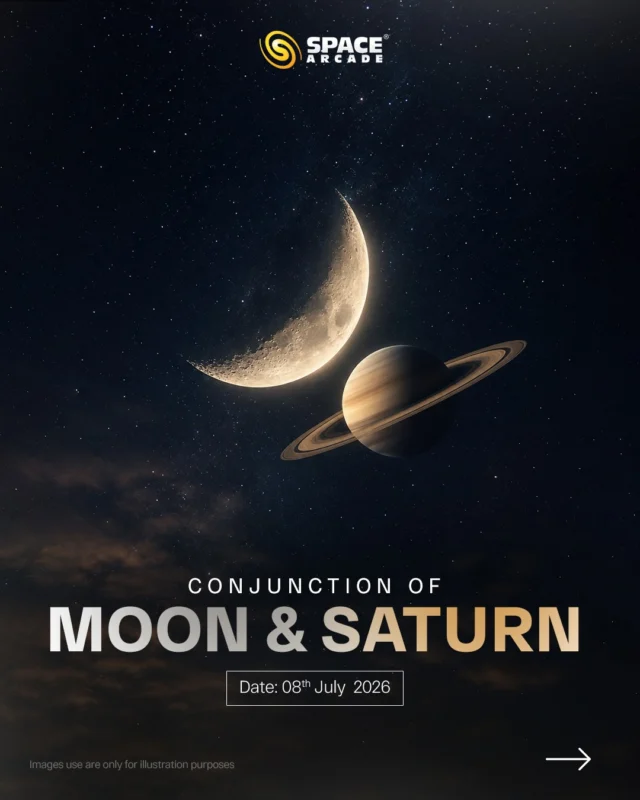 A timeless celestial pairing returns to the night sky. 🌙🪐

On 8th July 2026, watch the Moon and Saturn appear close together, creating a beautiful conjunction that’s easy to spot with the naked eye. As the Moon lights the way, Saturn will shine nearby with its soft golden glow.

📅 Date: 8th July 2026
🕒 Best Time: After Midnight on 7th July, around 1 AM on 8th July to Sunrise.
📍 Direction: Eastern sky
Step outside, look up, and enjoy one of July’s most elegant astronomical sights. 🔭✨

#MoonSaturn #Conjunction #Saturn #Moon #NightSky Astronomy Stargazing SpaceArcade