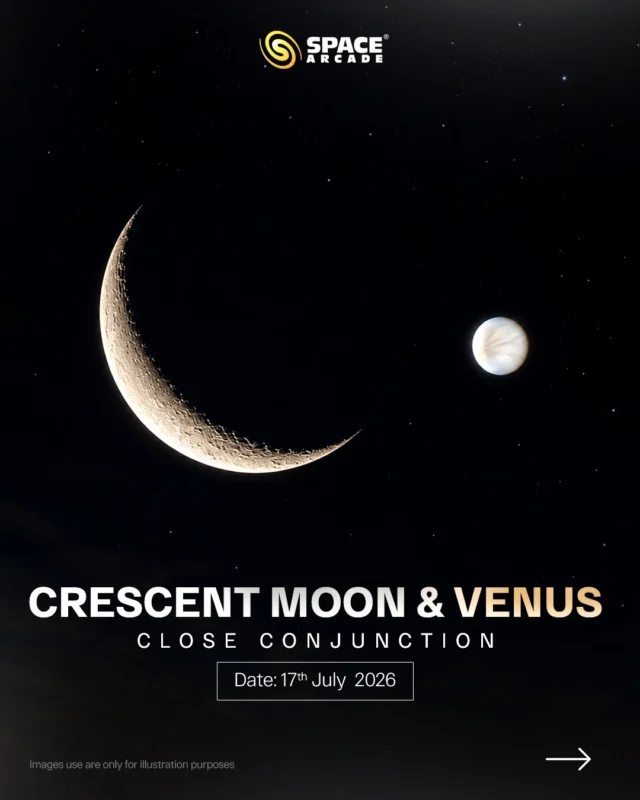A beautiful celestial pairing is set to grace the evening sky. 🌙✨

On 17th July 2026, the delicate crescent Moon will appear close to brilliant Venus, creating one of the month’s most elegant and easily visible sky events.

Just after sunset, look towards the  western horizon and witness this stunning conjunction with your own eyes. Whether you’re a stargazer or simply love looking up, this is a sight you won’t want to miss.

📅 Date: 17th July 2026
🕒 Best Time: 30–60 minutes after sunset
📍 Direction: Western sky

Save this post, step outside, and enjoy the beauty of the cosmos. 🔭✨

#SpaceArcade #MoonVenus #Venus #CrescentMoon #Conjunction NightSky Astronomy Stargazing CelestialEvent SpaceLovers LookUp