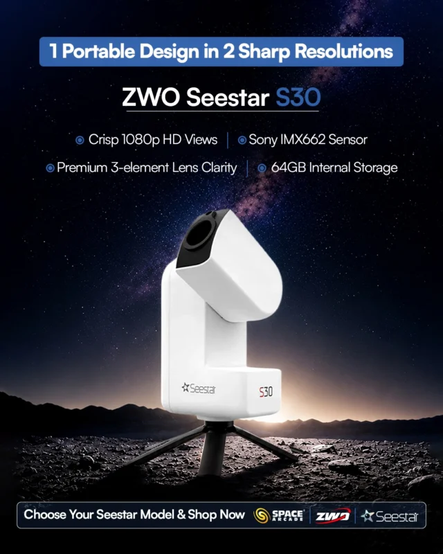 Capture the Universe. Anywhere. Anytime. ✨🔭*

From crisp lunar landscapes to breathtaking deep-sky wonders, the  ZWO Seestar S30 and  Seestar S30 Pro make astrophotography simpler than ever.

Choose the model that matches your style:
🔹 Seestar S30 – Compact, smart, and perfect for everyday stargazing.
🔹 Seestar S30 Pro Enhanced optics, ultra-high resolution, and professional-level imaging.

🚀 One portable design. Two powerful ways to explore the cosmos.

📩 DM us to find the perfect Seestar for your next adventure.

#SpaceArcade #ZWO #Seestar #SeestarS30 #SeestarS30Pro SmartTelescope Astrophotography Stargazing NightSky Astronomy ExploreTheUniverse SpaceLovers Telescope